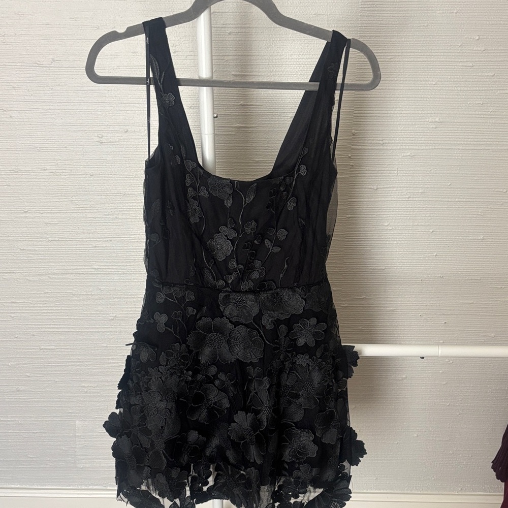 NWT Lulu's Black Floral Appliqué Dress with Sheer Overlay